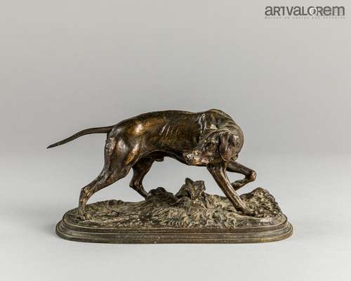 Pierre Jules MENE (1810-1879). Braque à l'arrêt. Bronze pati...