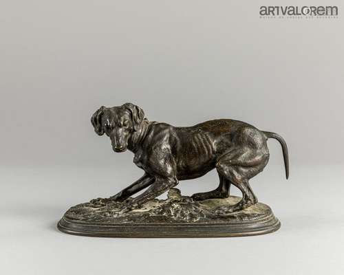 Pierre Jules MENE (1810-1879). Chien prêt à bondir. Groupe e...