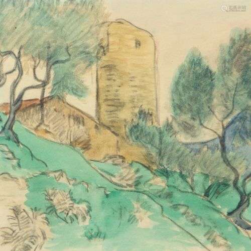 Augustin HANICOTTE (1870-1957) Paysage à la tour Aquarelle s...