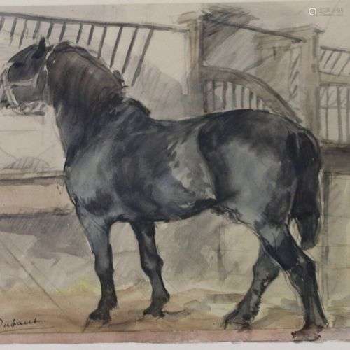 Pierre Olivier DUBAUT (1886-1968) Cheval noir dans son box C...