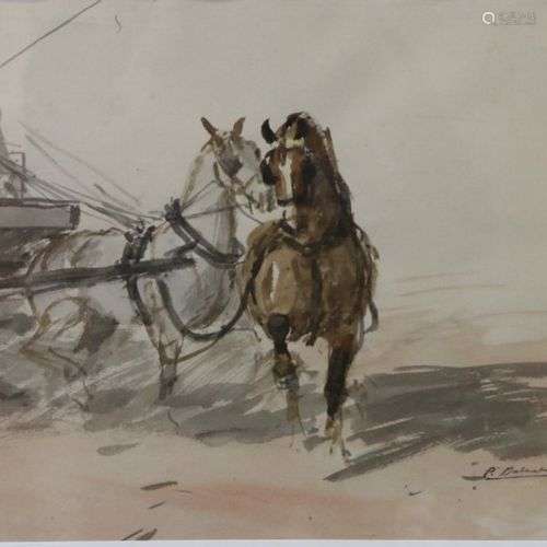 Pierre Olivier DUBAUT (1886-1968) Chevaux de calèche Aquarel...