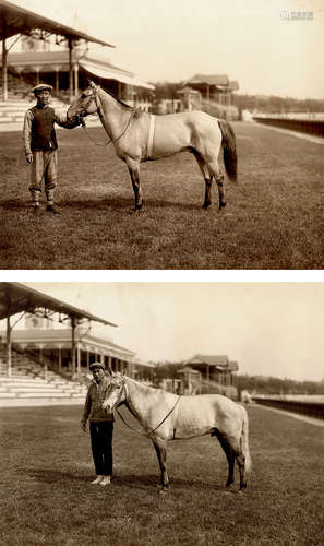 1900s 上海跑马场的驯马师与赛马（2张） 火棉胶相纸印相/Collodion...