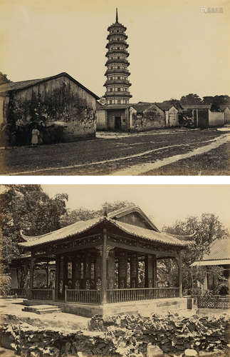 华芳照相馆 1870s 广州将军府内凉亭/花塔 蛋白照片/Albumen Prin...