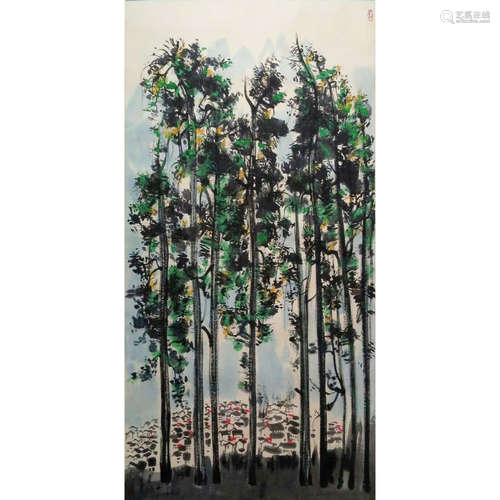 A Chinese Forest Painting Paper Scroll, Wu Guanzhong Mark