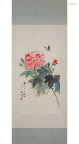 A Chinese Flowers Painting Paper Scroll, Xie Zhiliu Mark