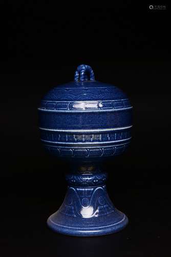 An Altar Blue Glazed Stem Bowl And Cover