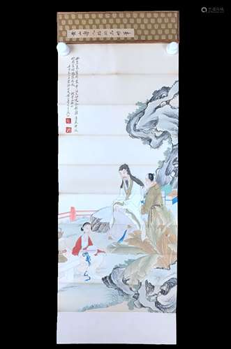 A Chinese Figure Painting Paper Scroll, Huang Shanshou Mark