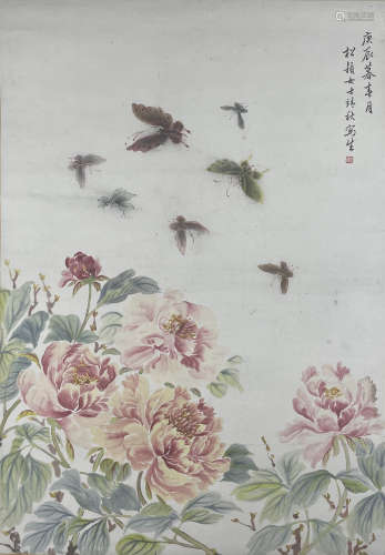 A Chinese Butterfly And Flower Painting Paper Scroll, Pu Jin...