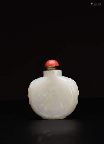 A Carved White Jade Relief-Decorated Elephant Snuff Bottle