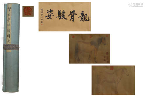 A Chinese Horses Painting Silk Handscroll, Lang Shining Mark