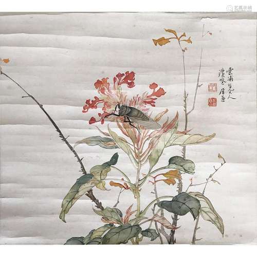 A Chinese Bugs And Flowers Painting Paper Scroll, Ju Lian Ma...