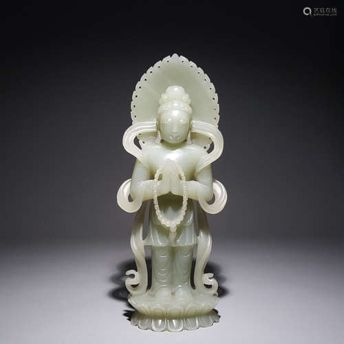 A Carved Hetian Jade Statue Of Avalokitesvara