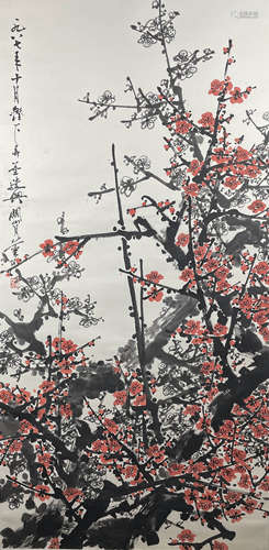 A Chinese Plum Blossom Painting Paper Scroll, Guan Shanyue M...