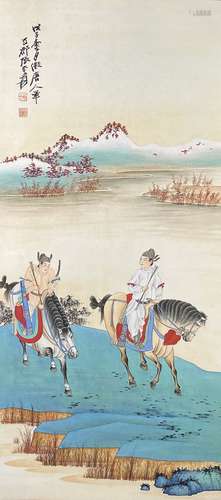 A Chinese Hunting Painting Paper Scroll, Zhang Daqian Mark