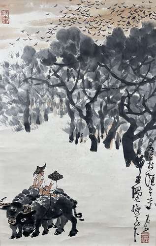 A Chinese Herding Painting Paper Scroll, Li Keran Mark