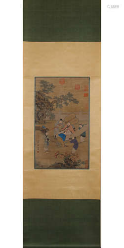 A Chinese Figures Painting Silk Scroll, Yao Wenhan Mark