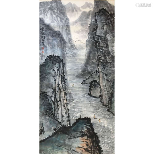 A Chinese Landscape Painting Paper Scroll, Guan Shanyue Mark