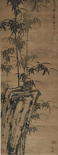 A Chinese Bamboo Painting Silk Scroll, Zhu Sheng Mark