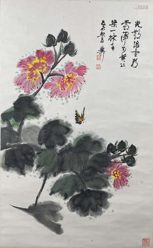 A Chinese Butterfly And Flower Painting Paper Scroll, Xie Zh...