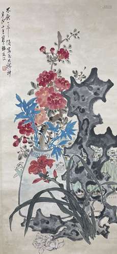 A Chinese Flowers Painting Paper Scroll, Jiang Hanting Mark