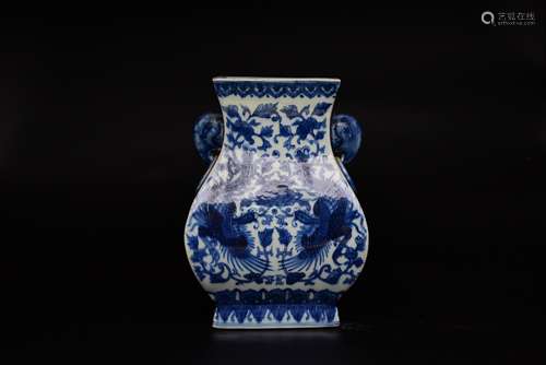 A Blue And White Phoenix And Flowers Square Vase