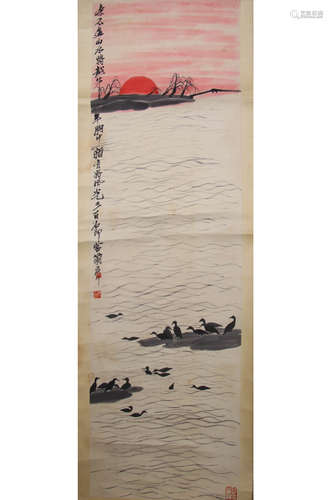 A Chinese Ducks Painting Paper Scroll, Qi Baishi Mark