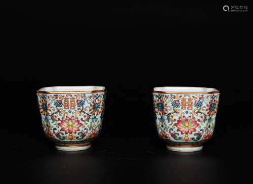 A Pair Of Turquoise-Ground Famille Rose Floral Cups