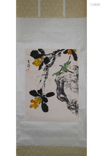 A Chinese Flowers And Birds Painting Paper Scroll, Wang Xuet...