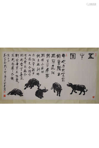 A Chinese Ox Group Painting Paper Scroll, Li Keran Mark