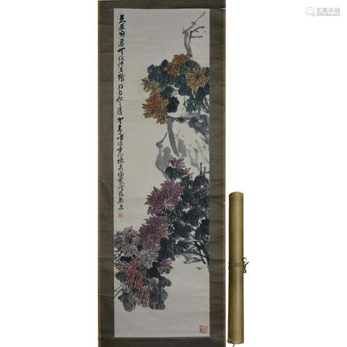 A Chinese Chrysanthemum And Stone Painting Paper Scroll, Wu ...