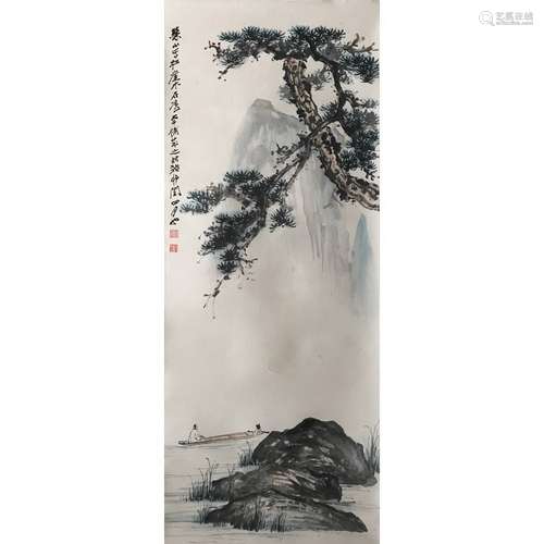 A Chinese Canoe Painting Paper Scroll, Zhang Daqian Mark