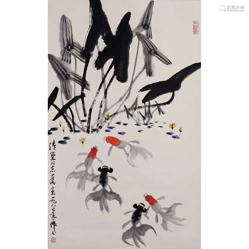 A Chinese Goldfish Painting Paper Scroll, Wu Zuoren Mark