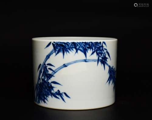 A Blue And White Bamboo Inscribed Brush Pot