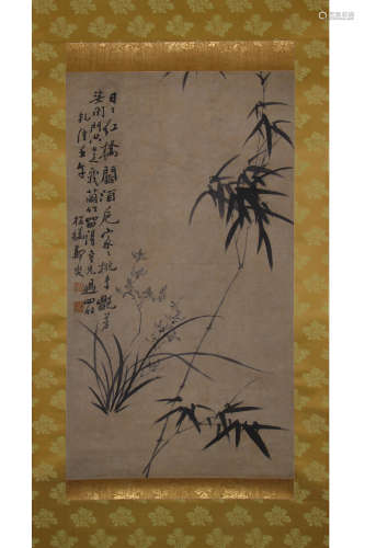 A Chinese Bamboo Painting Paper Scroll, Zheng Banqiao Mark
