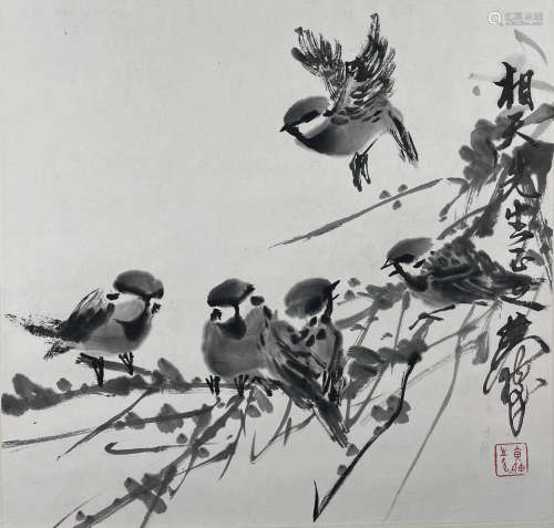 A Chinese Sparrow Group Painting Paper Scroll, Huang Zhou Ma...