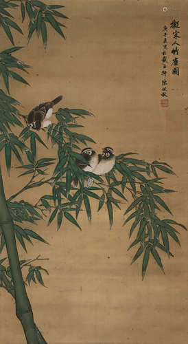 A Chinese Sparrow Painting Silk Scroll, Chen Peiqiu Mark