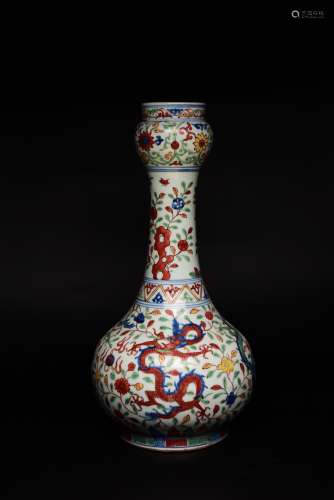 An Underglaze-Blue And Wucai Dragon Garlic-Head-Shaped Vase