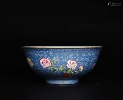 A Blue-Ground Famille Rose Floral Bowl