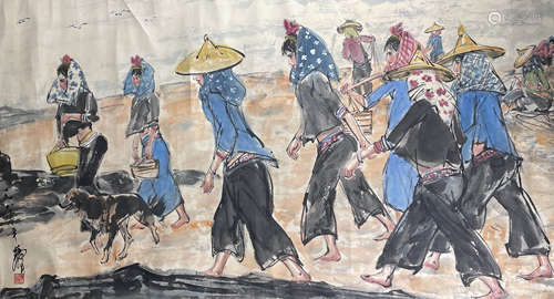 A Chinese Female Fisherman Painting Paper, Huang Zhou Mark