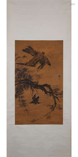 A Chinese Eagles Painting Paper Scroll, Lv Ji Mark