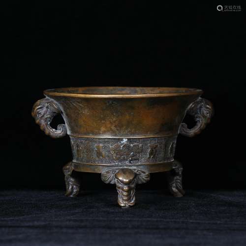 A Bronze Double Elephant-Eared Tripod Censer