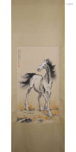 A Chinese Horse Painting Paper Scroll, Xu Beihong Mark