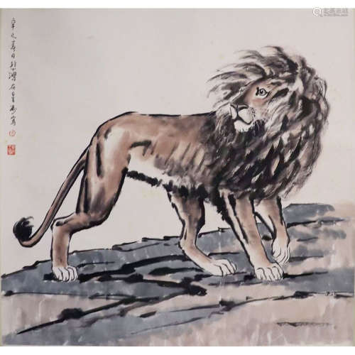 A Chinese Lion Painting Paper Scroll, Xu Beihong Mark