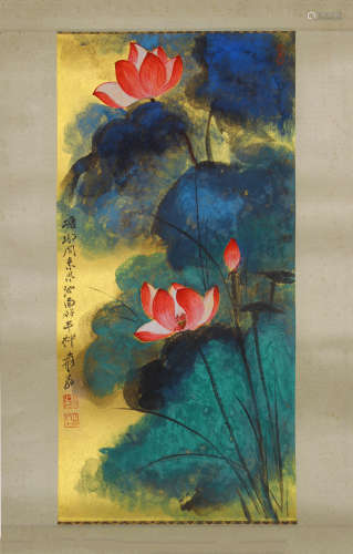 A Chinese Lotus Group Painting Paper Scroll, Zhang Daqian Ma...