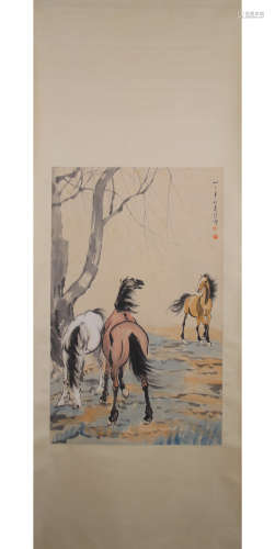 A Chinese Horse Group Painting Paper Scroll, Xu Beihong Mark