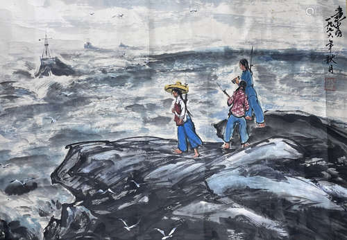 A Chinese Female Painting Paper, Huang Zhou Mark