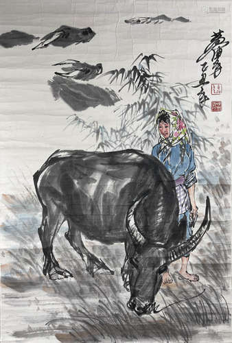 A Chinese Ox And Figure Painting Paper, Huang Zhou Mark