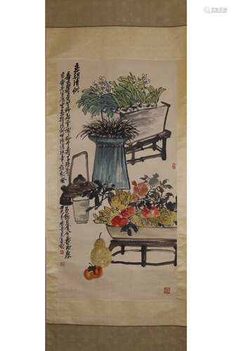 A Chinese Furnishings Painting Paper Scroll, Wu Changshuo Ma...