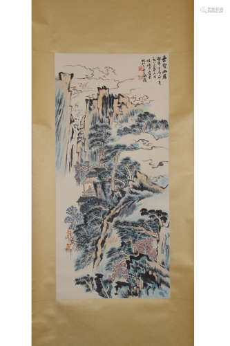 A Chinese Landscape Painting Paper Scroll, Lu Yanshao Mark