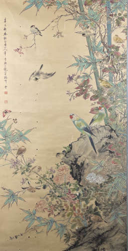 A Chinese Flowers And Birds Painting Silk Scroll, Yan Bolong...